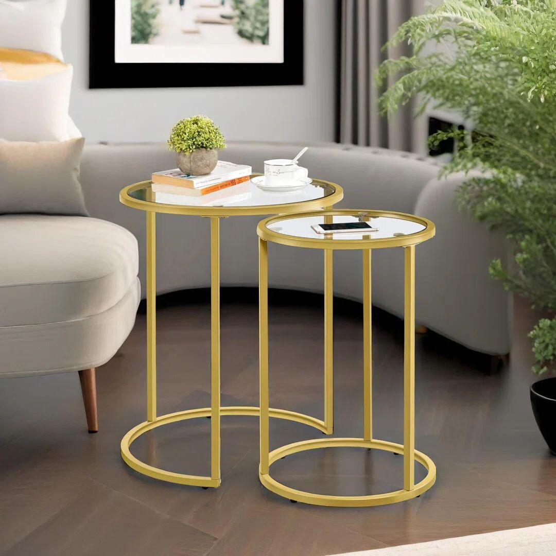 Mason Furniture Nest of Gold Glass Round Side Tables, End Table Set, Glass Nesting Tables , Living Room Furniture yellow 59.0 H x 49.5 W x 49.5 D cm