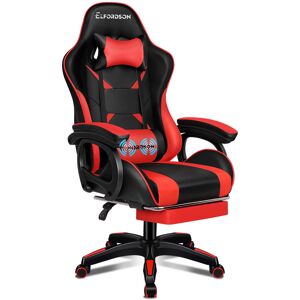 ELFORDSON Xavier Adjustable Reclining Faux Leather Swiveling PC & Racing Game Chair with Footrest Red 127cm H X 65cm W X 43cm D