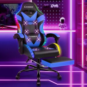 ELFORDSON Adjustable Reclining Swiveling PC & Racing Game Chair with Footrest Blue 130cm H X 62cm W X 48cm D