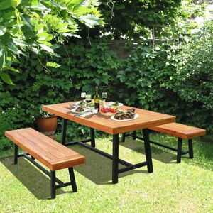 Rio Dining Set 6 Seater Metal Frame with FSC 100% Acacia Wood (2 Benches + 1 Table) brown 44.0 H x 90.0 W x 180.0 D cm