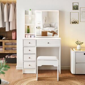 Latitude Run Dressing Table, 80X40x130cm Vanity Set With Sliding Mirror And Stool, 5 Drawers Make-Up Table White 130cm H X 80cm W X 40cm D
