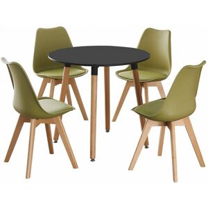 Norden Home Verano 4 Person Dining set - a Round Plastic Dining Table with Wooden Legs and a Set of 4 Faux Leather Cushion Padded Dining Chairs for Dining Room - Black/Lime Green 4
