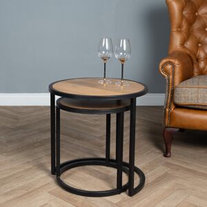 Fairmont Park Round Nest Of Two Tables Solid Mango Wood Metal End Side Light Oak/Black 58cm H X 55cm W X 55cm D