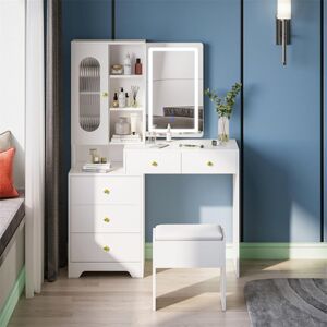 Metro Dressing Table And Stool Set With Sliding Led Lights Mirror, Modern Vanity Table Makeup Desk With 5 Shelves & 5 Drawers, Bedroom Dressing Table Set Wi White 137cm H X 103cm W X 42.5cm D