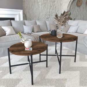 17 Stories 2-Pcs Round Wooden Nesting End Coffee & Side Table Set With Metal Legs Burnt Oak 50cm H X 65cm W X 65cm D