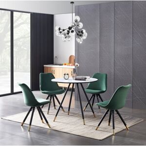 George Oliver Pala 4 Person Dining set - a Round Wooden Dining Table with Metal Legs and a Set of 4 Quilted Velvet Dining Chairs for Dining Room - Modern Dining Tab Green/White 4