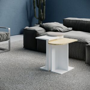 Hykkon Tania Nesting Side Table Set Versatile 2-Piece Tables Oak/Light Mocha/White 50cm H X 46cm W X 27cm D