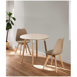 Isabelline Franconia 2 Person Dining set - a Round Plastic Dining Table with Wooden Legs and a Set of 2 Faux Leather Cushion Padded Dining Chairs for Dining Room Vanilla 2