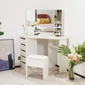 Latitude Run Dressing Table Set, Corner Curved Makeup Desk With 5 Drawer 3 Mirror And Stool Makeup Vanity Table Bedroom Furniture White 140cm H X 110cm W X 61cm D