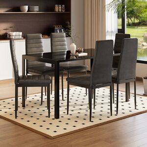 Latitude Run 6 - Person Tempered Glass Dining Table with PU Leather High Back Dining Chairs Set 75cm x 140cm x 80cm