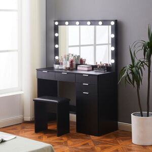 Latitude Run Dressing Table, 3 Color LED Mirror Set, Hollywood Style Light, Vanity Makeup Table With 4 Drawers 1 Closed Storage And Stool Black 140cm H X 105cm W X 40cm D