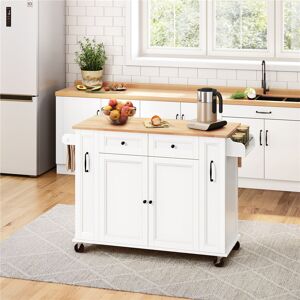 Yaheetech 132.5cm W X 76cm D Solid Wood Top Kitchen Cart Kitchen Cart With Drop-Leaf Breakfast Bar White 91.5cm H X 132.5cm W X 76cm D