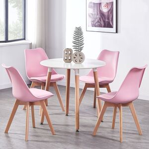 Norden Home Verano 4 Person Dining set - a Round Plastic Dining Table with Wooden Legs and a Set of 4 Faux Leather Cushion Padded Dining Chairs for Dining Room - White/Pink 4
