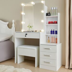17 Stories Azore Modern Dressing Table with LED Bulb Mirror, Storage Drawers and Stool White 143.6cm H X 87cm W X 40cm D