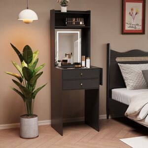17 Stories Dressing Table with LED Lighted Mirror, Makeup Vanity Desk 2 Drawers and Shelf, 50CM Desktop Vanity Table Black 152cm H X 50cm W X 45cm D