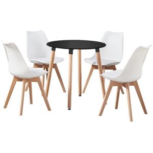 Norden Home Verano 4 Person Dining set - a Round Plastic Dining Table with Wooden Legs and a Set of 4 Faux Leather Cushion Padded Dining Chairs for Dining Room - Black/White 4