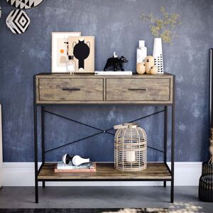 Borough Wharf Sylvie 2 Drawer Industrial Style Console Table With Metal Legs for Hallway, Living Room Furniture Dark Wood 74cm H X 80cm W X 34cm D