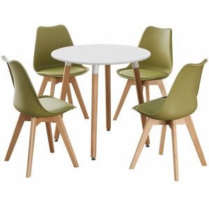 Norden Home Verano 4 Person Dining set - a Round Plastic Dining Table with Wooden Legs and a Set of 4 Faux Leather Cushion Padded Dining Chairs for Dining Room - White/Lime Green 4