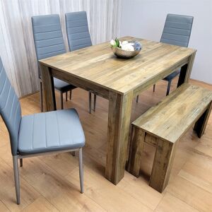 17 Stories Wooden Dining Table Set for 6 Rustic Effect Table With 4 Leather Chairs and 1 Bench Grey 6