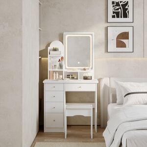 Metro Dressing Table & Stool Set with 3 Colours LED Lights Mirror, Makeup Table with Ottoman & 5 Drawers, Large Storage Space Vanity Desk for Bedroom Furnit White;Yellow;Orange 147.5cm H X 81.6cm W X 42cm D