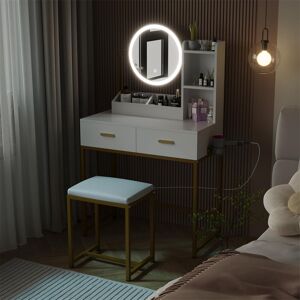Canora Grey Dressing Table With LED Lights, Vanity Table With Adjustable Brightness Mirror, Makeup Desk With 2 Large Drawers And Hair Dryer Rack, Cushioned Stool, White 136cm H X 80cm W X 40cm D