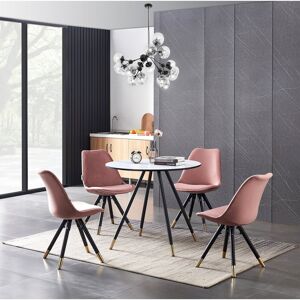 George Oliver Pala 4 Person Dining set - a Round Wooden Dining Table with Metal Legs and a Set of 4 Quilted Velvet Dining Chairs for Dining Room - Modern Dining Tab Pink/White 4