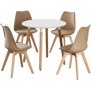 Norden Home Verano 4 Person Dining set - a Round Plastic Dining Table with Wooden Legs and a Set of 4 Faux Leather Cushion Padded Dining Chairs for Dining Room - White/Vanilla 4