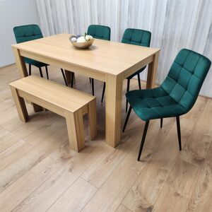 George Oliver Wooden Dining Table Set for 6 Oak Effect Table With 4 Velvet Chairs and 1 Bench Green 6