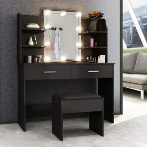 MEI-MEILI Modern Dressing Makeup Table Set, Vanity Table With LED Lights Mirror And Stool Black 142cm H X 108cm W X 42cm D