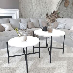 17 Stories 2-Pcs Round Wooden Nesting End Coffee & Side Table Set With Metal Legs White 50cm H X 65cm W X 65cm D
