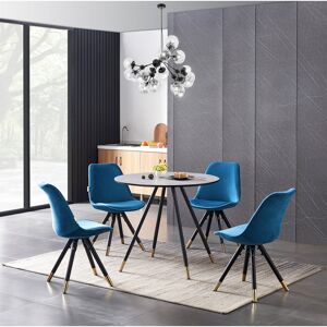 George Oliver Pala 4 Person Dining set - a Round Wooden Dining Table with Metal Legs and a Set of 4 Quilted Velvet Dining Chairs for Dining Room - Modern Dining Tab Grey/Blue 4