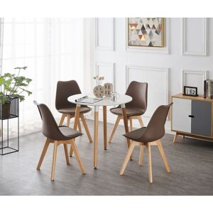 Norden Home Verano 4 Person Dining set - a Round Plastic Dining Table with Wooden Legs and a Set of 4 Faux Leather Cushion Padded Dining Chairs for Dining Room - White/Brown 4