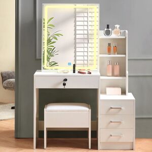 Metro Azore Modern 4 Drawers Dressing Table with LED Mirror and Stool White 143.6cm H X 87cm W X 40cm D