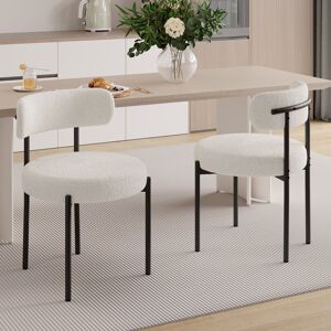 Latitude Run Dining Chairs Set of 2 Modern Teddy Fabric Upholstered Chairs with Curved Backrest and Black Metal Legs White 74.4cm H X 51.5cm W X 42cm D