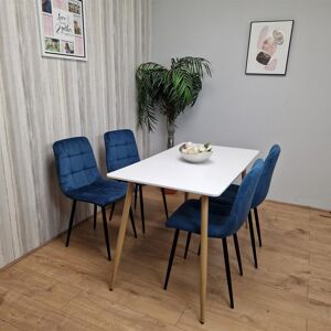 George Oliver Wooden Dining Table Set for 4 Wooden Table and 4 Blue Velvet Chairs White 4