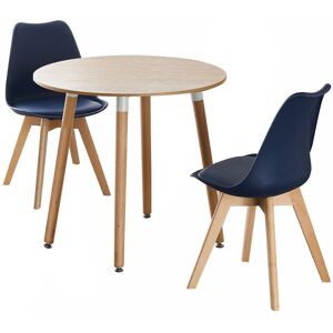 Isabelline Franconia 2 Person Dining set - a Round Plastic Dining Table with Wooden Legs and a Set of 2 Faux Leather Cushion Padded Dining Chairs for Dining Room Blue 2