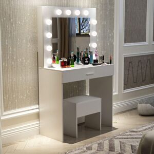 17 Stories Reniya 1 Drawer Dressing Table Set with LED Mirror White 140cm H X 80cm W X 40cm D