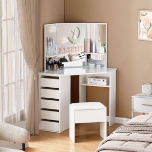Latitude Run Dressing Table,Corner Vanity Table,109X57x140cm Make-Up Table With 5 Drawers,3 Mirrors And Stool White 140cm H X 109cm W X 57cm D