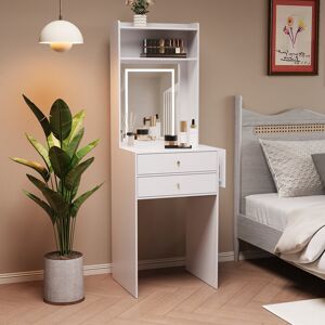 17 Stories Dressing Table with LED Lighted Mirror, Makeup Vanity Desk 2 Drawers and Shelf, 50CM Desktop Vanity Table White 152cm H X 50cm W X 45cm D