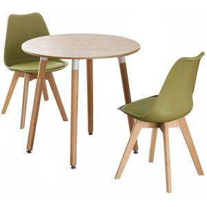 Isabelline Franconia 2 Person Dining set - a Round Plastic Dining Table with Wooden Legs and a Set of 2 Faux Leather Cushion Padded Dining Chairs for Dining Room Lime Green 2
