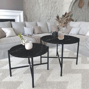 17 Stories 2-Pcs Round Wooden Nesting End Coffee & Side Table Set With Metal Legs Black Marble 50cm H X 65cm W X 65cm D