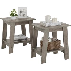 Lily Manor Side Table, Set of 2 Small Wooden End Table with 2-Layer Storage Shelves, Farmhouse Nightstand for Living Room, Bedroom, Office, Bathroom Grey 48cm H X 40cm W X 30cm D