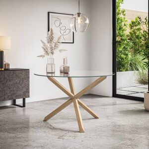 Metro Daryen Round Dining Table Clear Glass Table Top w Solid Oak Legs Tan Metro Daryen Round Dining Table Clear Glass Table Top w Solid Oak Legs Tan