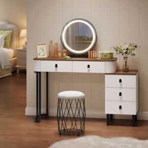 Metro Dressing Table With Led Lights Mirror And Stool, 3-Colour Dimmable, Vanity Desk, Makeup Desk With 5 Drawers, Flexible Assembly, Bedroom Dresser With M Brown;White 126cm H X 100cm W X 40cm D Metro Dressing Table With Led Lights Mirror And Stool, 3-Colour Dimmable, Vanity Desk, Makeup Desk With 5 Drawers, Flexible Assembly, Bedroom Dresser With M Brown;White 126cm H X 100cm W X 40cm D