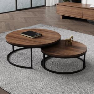 Rio Nesting Coffee Tables, Set of 2 in Walnut Finish with 80cm & 60cm Round Tops, Steel Frame Dark Brown Wood 40cm H X 80cm W X 80cm D Rio Nesting Coffee Tables, Set of 2 in Walnut Finish with 80cm & 60cm Round Tops, Steel Frame Dark Brown Wood 40cm H X 80cm W X 80cm D