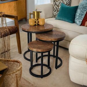 Rio Acacia Wood Round Set Hand Carved 3 Piece Nest of Tables Brown 47cm H X 45cm W X 45cm D Rio Acacia Wood Round Set Hand Carved 3 Piece Nest of Tables Brown 47cm H X 45cm W X 45cm D
