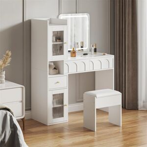 Brayden Studio Dressing Table With Mirror And Stool, Modern Vanity Makeup Desk With Sliding Lights Mirror, 6 Drawers And Open Shelves For Bedroom, White White 130cm H X 100cm W X 40cm D Brayden Studio Dressing Table With Mirror And Stool, Modern Vanity Makeup Desk With Sliding Lights Mirror, 6 Drawers And Open Shelves For Bedroom, White White 130cm H X 100cm W X 40cm D