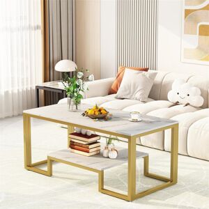 Metro 2 Tier Coffee Table, Center Table, Tea Table, Living Room Table With Metal Frame White/Gold 121.92cm H X 254cm W X 127cm D Metro 2 Tier Coffee Table, Center Table, Tea Table, Living Room Table With Metal Frame White/Gold 121.92cm H X 254cm W X 127cm D
