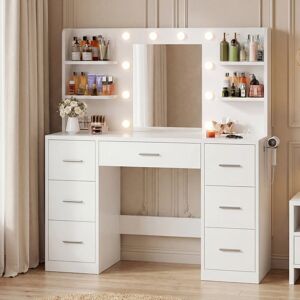 17 Stories 110cm Dressing Table With Power Outlet And Dryer Hook Modern Bulb Light Makeup Vanity White 137cm H X 110cm W X 40cm D 17 Stories 110cm Dressing Table With Power Outlet And Dryer Hook Modern Bulb Light Makeup Vanity White 137cm H X 110cm W X 40cm D
