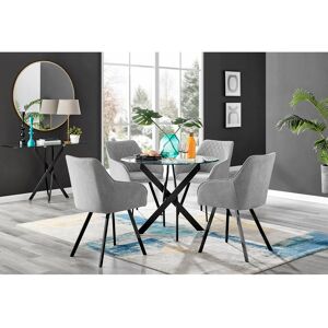 Canora Grey Tierra Modern Chrome Metal & Glass Round Dining Table Set with 4 Luxury Upholstered Fabric Chairs Light Grey/Black 75cm H x 100cm W x 100cm L Canora Grey Tierra Modern Chrome Metal & Glass Round Dining Table Set with 4 Luxury Upholstered Fabric Chairs Light Grey/Black 75cm H x 100cm W x 100cm L